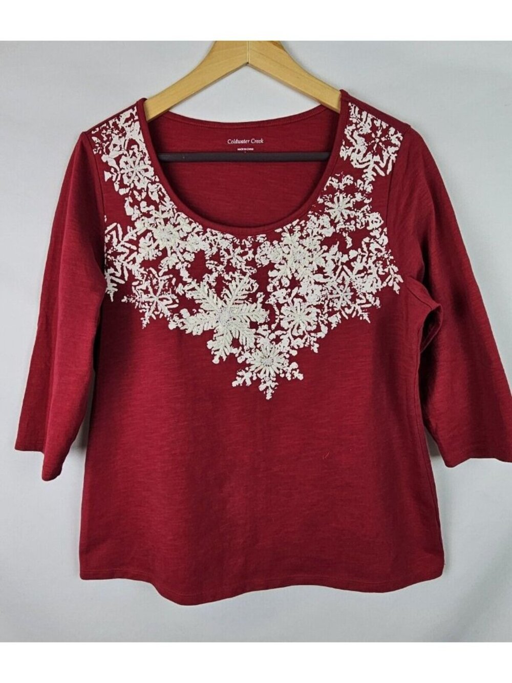 Coldwater Creek Christmas Shirt Womens Size Large Red Snowflake 3/4 Sleeve Top